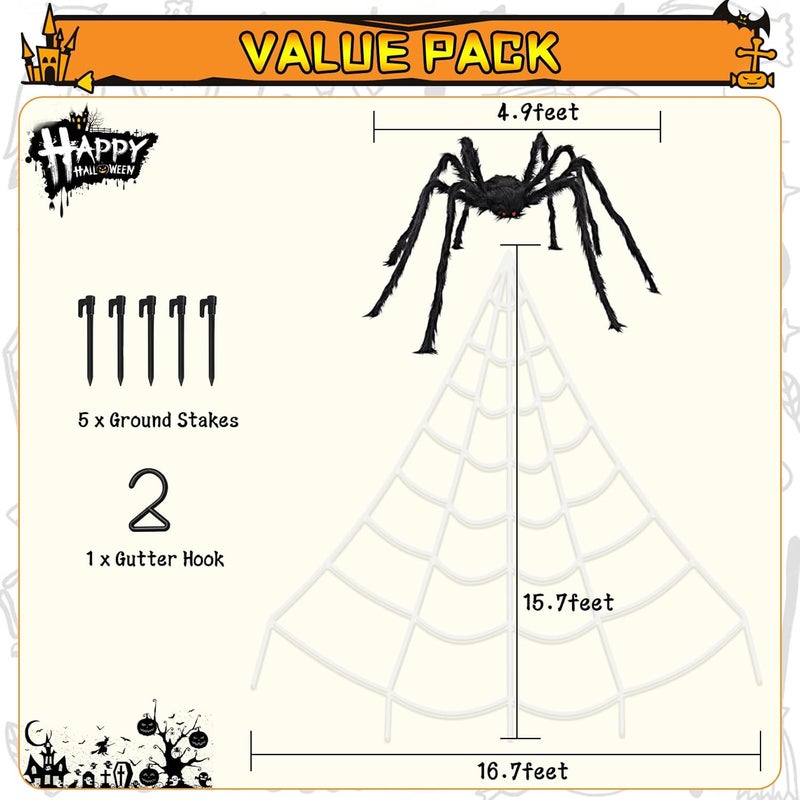 Crogift 200" Halloween Spider Web and 59" Giant Spider Decorations, Scary Fake Spider with Huge Triangular Stretchy Web for Outdoor Yard, Haunted Houses, and Indoor Parties Decor Supplies - Image 2